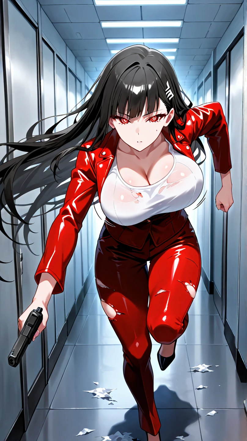 score_9, score_8_up, score_7_up, source_anime,
Tsukatsuki Rio,
1girl,
Tsukatsuki Rio, (masterpiece, best quality), 1girl, T-X, terminator, sexy, HD, silver necklake, black heels, perfect body, sexy and sexual pose, red leather jacket, red leather pants, erotic, seductive, big breast, Neckline, sensual running, lewd expression, lustful, destroyed clothes, evil satisfaction, bouncing , bouncing breast, seductive exhibitionist, perfect terminatrix, gun in hand, battle damage, Half naked, Aiming ahead, shooting, frenzied persecution, technological base corridor, running athlete pose, 

