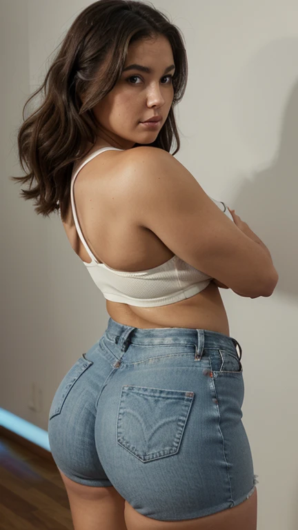 photorealistic, best quality, hyper detailed, masculine woman, standing, hospital hanging room, happy , wearing a t shirt and knickers, nsfw, analog style, back to viewer, skin texture, film grain, close up, ultra high res, best shadow, RAW, instagram LUT