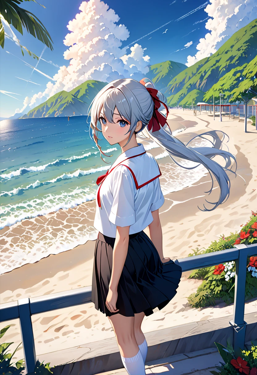 ((Masterpiece)), (( top quality)), (( high definition)), (( extremely detailed CG、 unity 8k wallpaper )), Alone,  Tachibana Kanade ,  Promenade near Tan School Uniform, black skirt,  holding white socks , Outdoors, face, Curtain Hair,  Beach , Hair split ,  Silver Hair