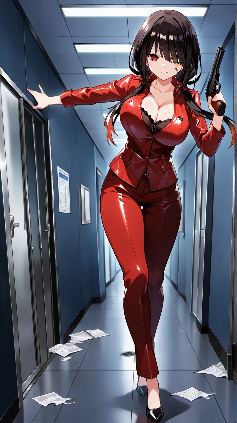 score_9, score_8_up, score_7_up, source_anime,
Tokisaki Kurumi,
1girl,
Tokisaki Kurumi, (masterpiece, best quality), 1girl, T-X, terminator, sexy, HD, silver necklake, black heels, perfect body, sexy and sexual pose, red leather jacket, red leather pants, erotic, seductive, big breast, Neckline, sensual running, lewd expression, lustful, destroyed clothes, evil satisfaction, bouncing , bouncing breast, seductive exhibitionist, perfect terminatrix, gun in hand, battle damage, Half naked, Aiming ahead, shooting, frenzied persecution, technological base corridor, running athlete pose, 

