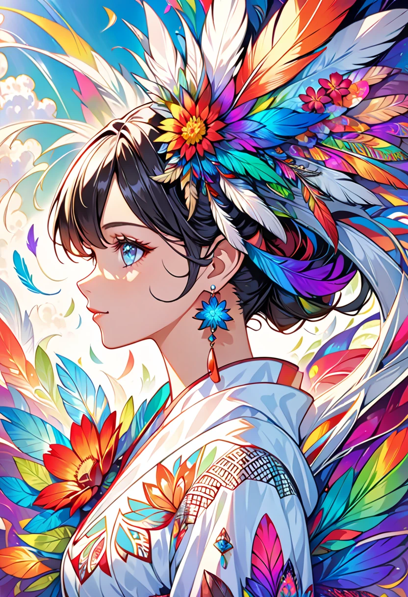 ( Official Art, Beautiful and aesthetic:1.2), ( from the side 1 girl :1.3),( Fractal Art :1.1),( colorful :1.1)(flower:1.3), Best Details ,( Zentangle:1.2),  full body, (  abstract background:1.3), ( Shiny Skin), (Many colors:1.4), ,( earrings), (feather:1.5),