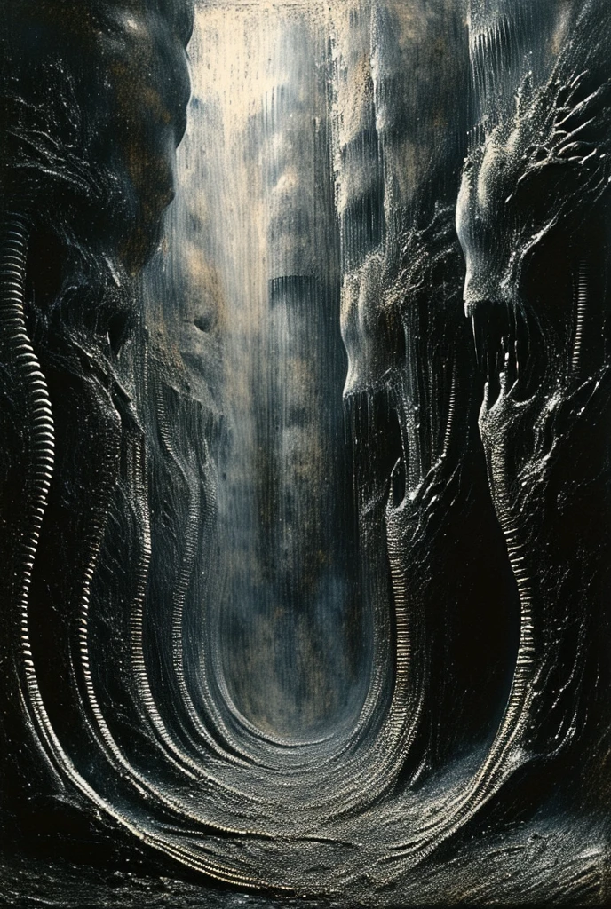 Curse of solomeea. The space in this H.R. Giger-esque image is formed through a complex interplay of several visual techniques, creating a claustrophobic, layered, and ambiguous environment. Space in this image is formed by a combination of overlapping forms, lack of traditional perspective, flowing curves, high detail, ambiguous scale, and subtle lighting. These techniques work together to create a unique and unsettling spatial experience that is characteristic of Giger's work: a claustrophobic, organic, and biomechanical environment that feels both alien and strangely familiar.
 The most dominant feature is the dense overlapping and interweaving of organic and mechanical forms. Figures, pipes, tubes, and other structures merge seamlessly, making it difficult to distinguish where one ends and another begins. This creates a sense of depth and layers, but also contributes to the claustrophobic feeling as there's little empty space.
 There's no clear horizon line or defined vanishing point to establish traditional perspective. This further adds to the sense of disorientation and makes it difficult to gauge the scale and distance of the elements within the image. The space feels compressed and undefined.
Giger frequently uses smooth, organic curves and contours that flow into each other. These curves create a sense of movement and dynamism, but also further blur the boundaries between objects and spaces. The eye is led through the image along these curves, but there's no clear destination or resting point.
 The high level of detail and intricate textures across the entire image contributes to the sense of density and complexity. There are few areas of smooth, flat color or empty space. This creates a visually rich environment, but also makes it difficult for the eye to find a focal point or establish a sense of spatial hierarchy.
 The scale and proportion of the elements are often ambiguous. 