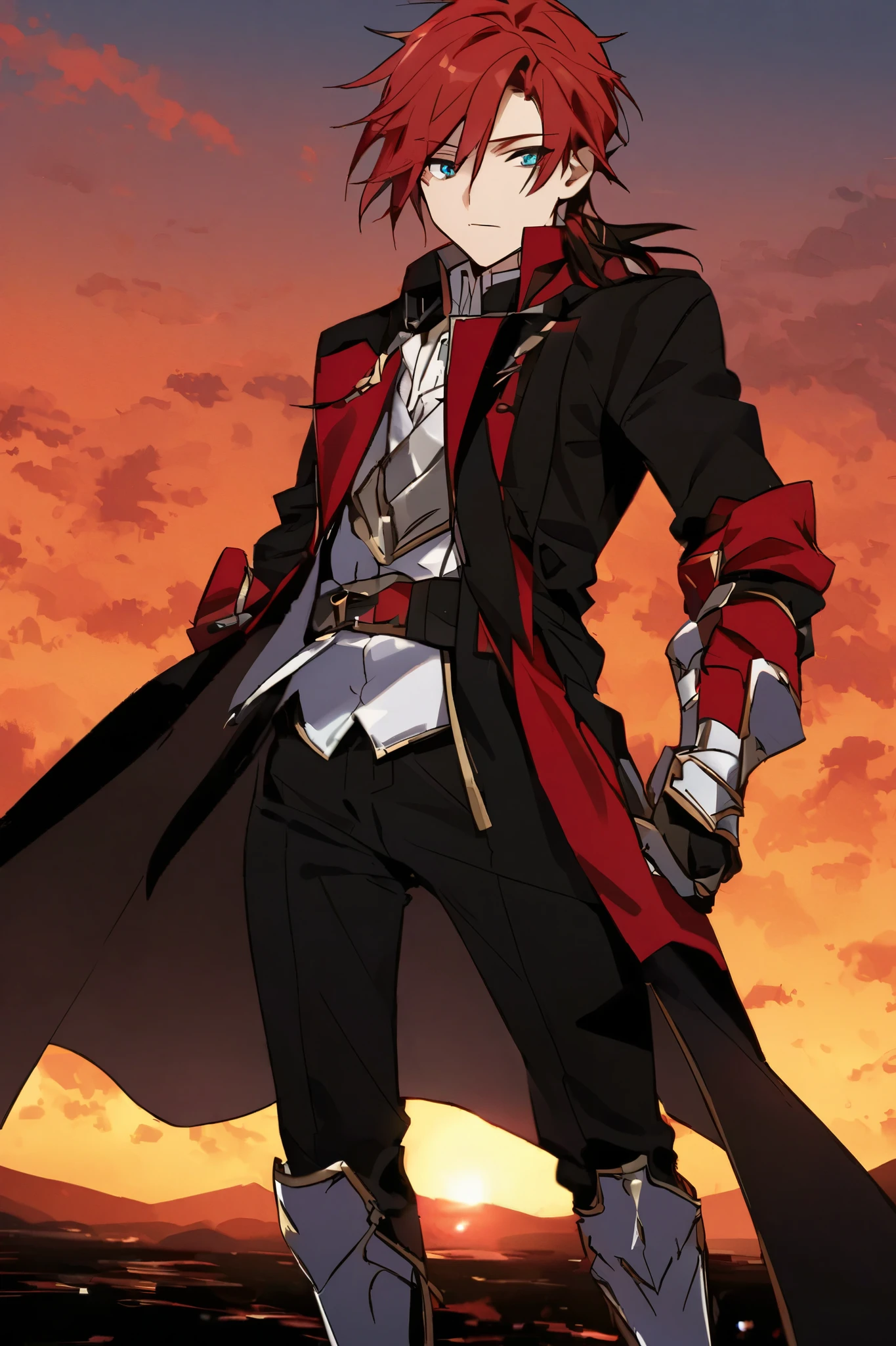 A young man with flowing black hair, a tuft of golden hair that partially covers one eye, a handsome and resolute face, a trace of loneliness in his firm gaze, a two-piece outfit that combines fantasy and martial arts elements, consisting of a tight-fitting shirt and a jacket, the outfit features twisted flame patterns, with white as the main color and red and blue as secondary colors, wears gloves that also serve as wrist guards, dark pants, boots embellished with metal decorations, this character embodies a finely crafted fantasy-style Chinese martial hero design in anime, characterized by a sophisticated and mature manga art style, high definition, best quality, highres, ultra-detailed, ultra-fine painting, extremely delicate, professional, anatomically correct, symmetrical face, extremely detailed eyes and face, high quality eyes, creativity, RAW photo, UHD, 8k, Natural light, cinematic lighting, masterpiece:1.5