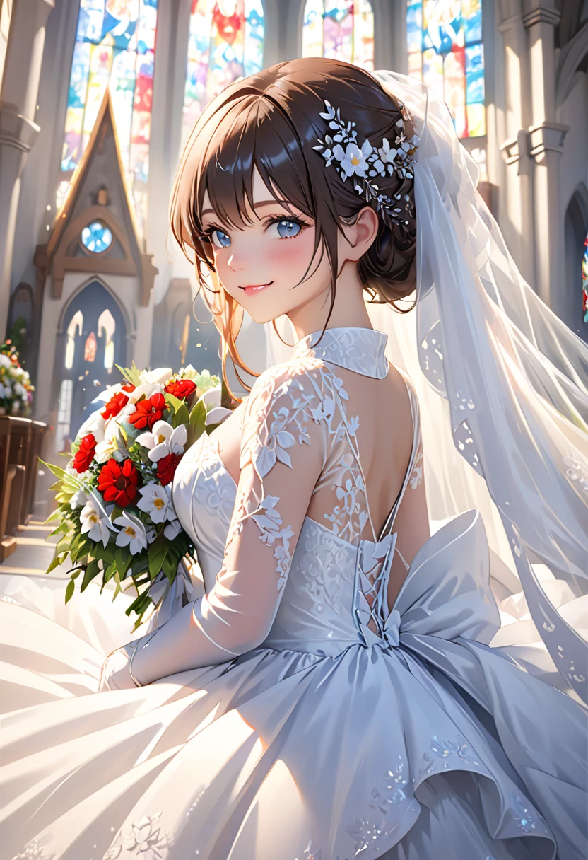 ( top quality, Masterpiece:1.2), ( realistic:1.3),, (ultra- detailed background,  detailed background), Bokeh,, ,  gorgeous prom dress , Luxury Prom Dresses,  wedding dress lying down in a chapel,  bridal veil ,   bridal gauntlet,  bridal cascade bouquet ,,  upper body,, Church wedding,, ,  from the side 1 girl ,  cute, Teen,  pose,  smiles,,  dynamic angle, ダイナミックな pose,, ,   touch very long hair 