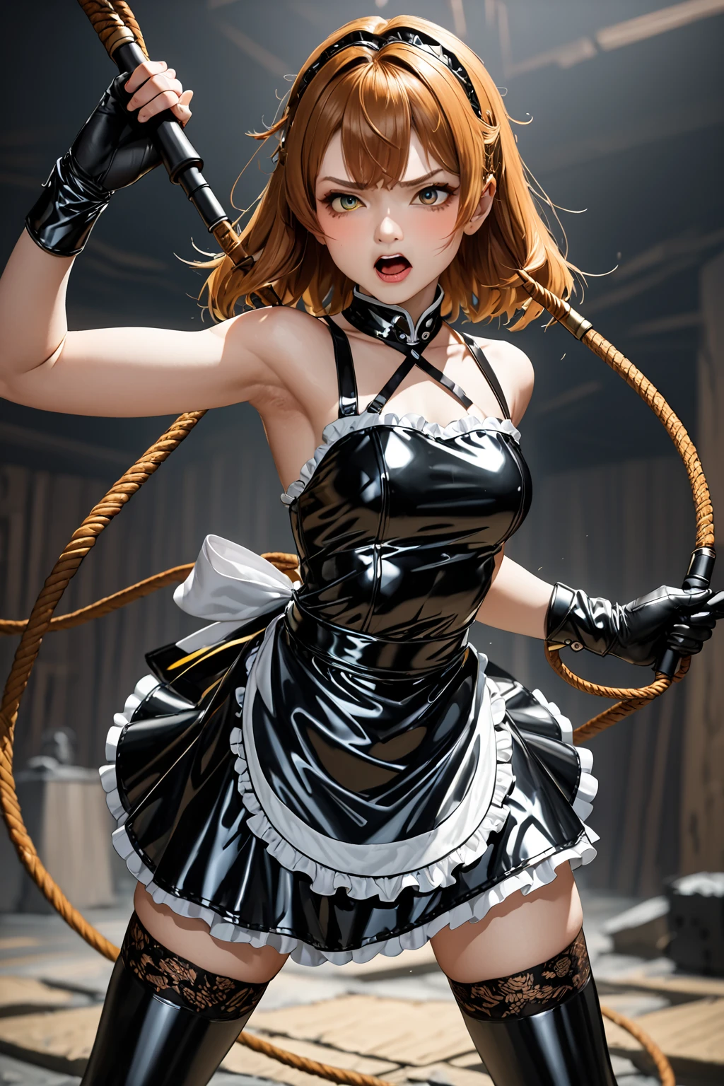 ultra,  The highest quality image ,  artistic masterpiece.  The Japanese-looking girl ,  heavenly beauty , 18+. arrogant, very angry, dissatisfied. copper hair ,  maid bandage .  Black lace latex dress ,  black lace latex skirt ,  black latex stockings ,  black latex gloves,:   (Yellow latex lace apron) .  No naked body . Standing in a dark ,  raw dungeon.Holds a black weapon , whip ping:1.2, cutting:1.2 , whip:1.2, fighting stance:1.2,((( whipping:1.2, motion blur:1.2 ,  path motion:1.2 ))), arms outstretched :1.2, doyagao , incoming vertical whip:1.2 , incoming horizontal whip:1.2