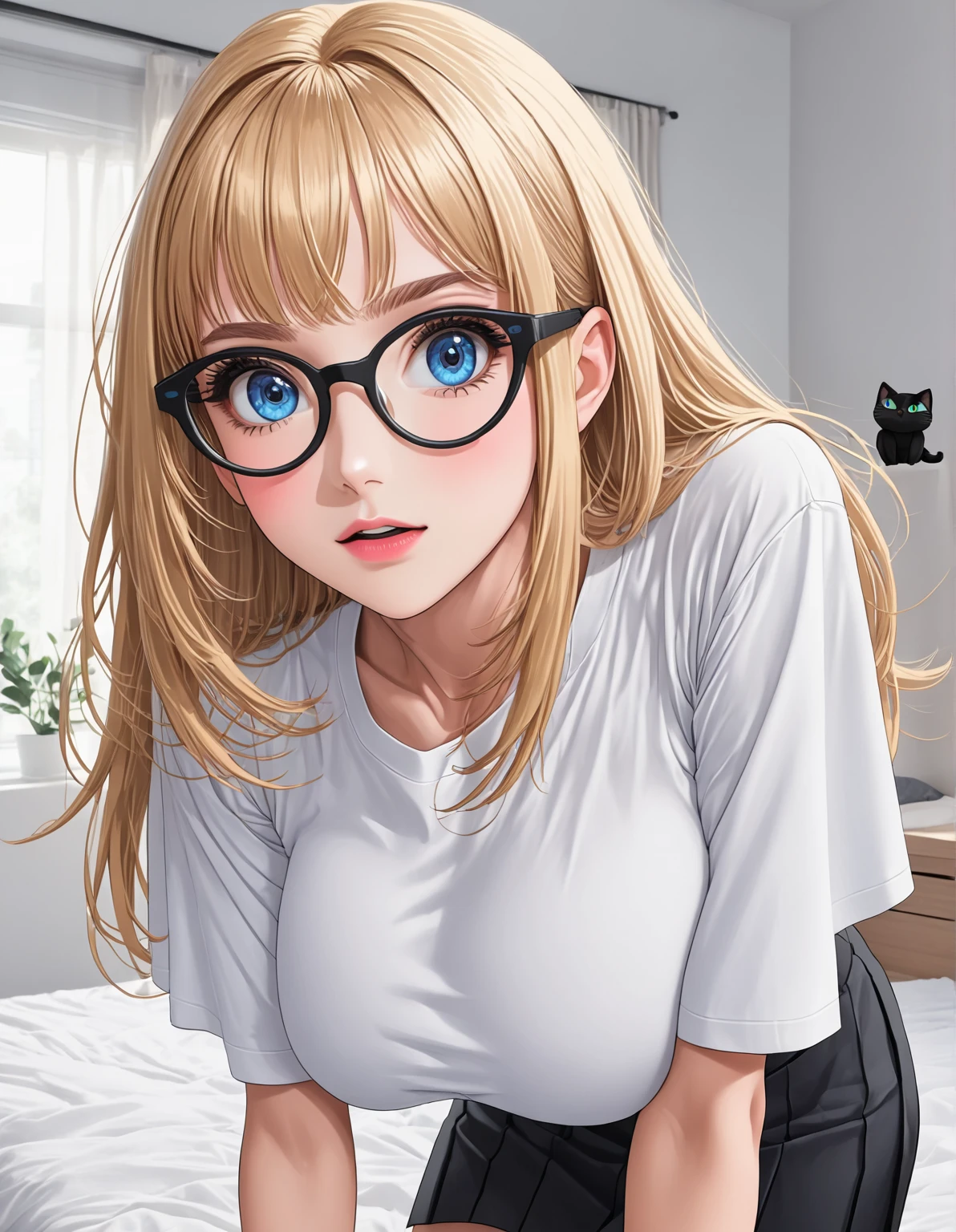 Hd, high quality, blonde bangs, (high quality faces), adorable teenage schoolgirl, slim, (((black oversized cat-eye glasses))), (((huge breasts))), white t-shirt, skirt, expressive blue eyes, bedroom