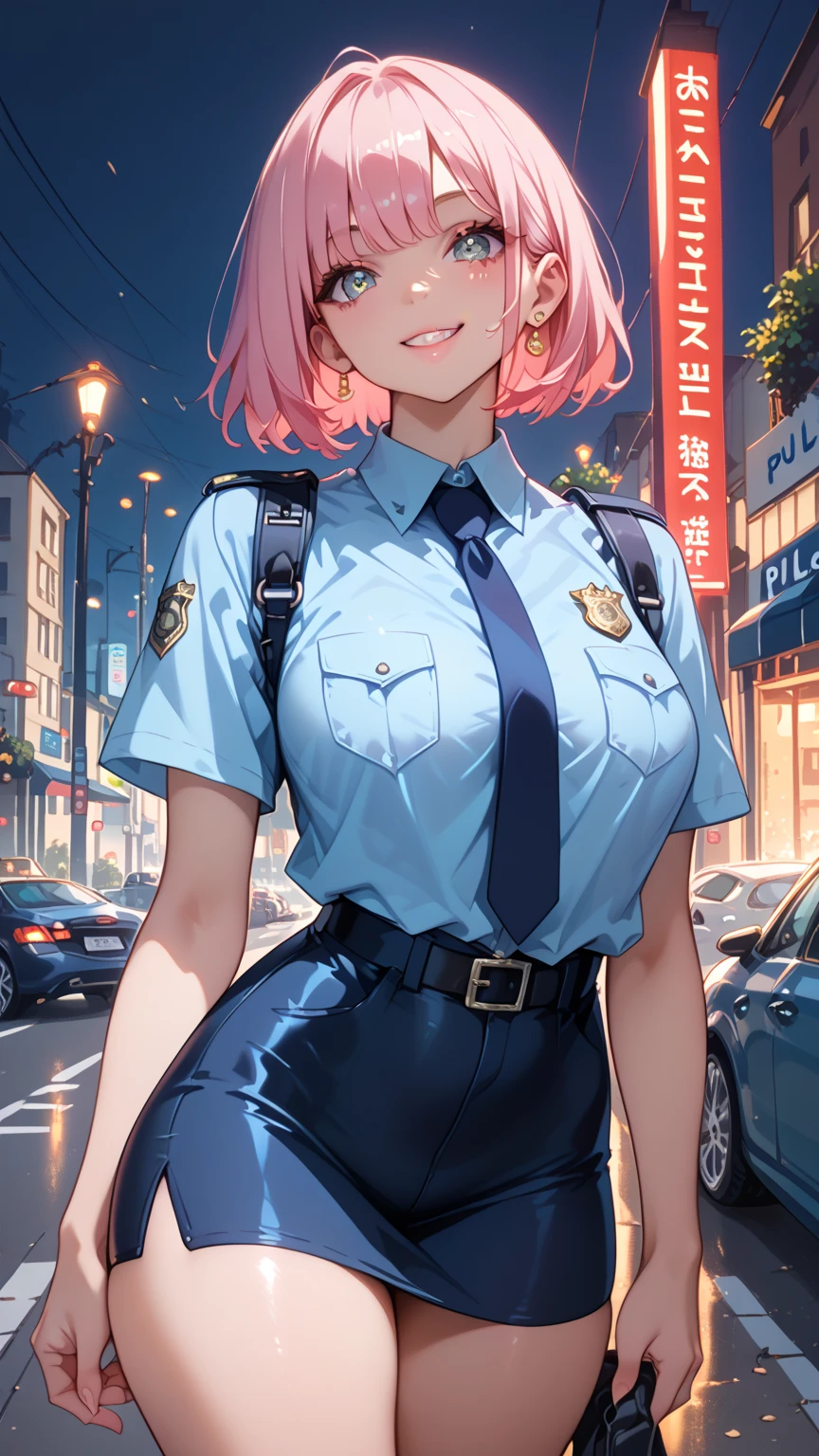 Under the street lights of the city at night、 Sexy anime girls with big breasts , Wear police officer clothes,  Perform sensual backbends ,  Show off flexibility and curves ., Emphasize the graceful lines of the body . model pose、smile、 pink hair