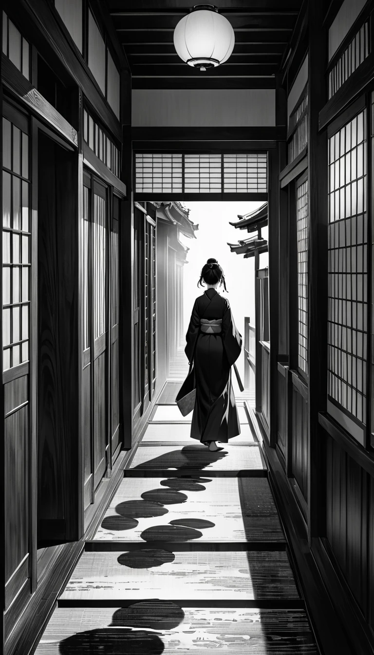 A traditional Japanese wooden hallway stretches into infinity with shimmering footsteps leading the way, The footsteps appearing as if they are formed from pure hatred are colored vividly amidst the monochrome scene, Shadows trail as streaks straight into the distance, The scene is depicted in the style of a sumi-e painting emphasizing the eerie atmosphere, The hallway is ancient with wooden textures capturing the feel of old Japan, The shadows cast by the footsteps are faint and ghostly adding to the sense of unease, The footsteps are the only elements in color standing out against the grayscale background, This image should evoke a sense of foreboding and mystery as if the footsteps are guiding the viewer into an unknown and unsettling journey, 16k, UHD, masterpiece, accurate, super detail, high details, award winning, best quality, highres