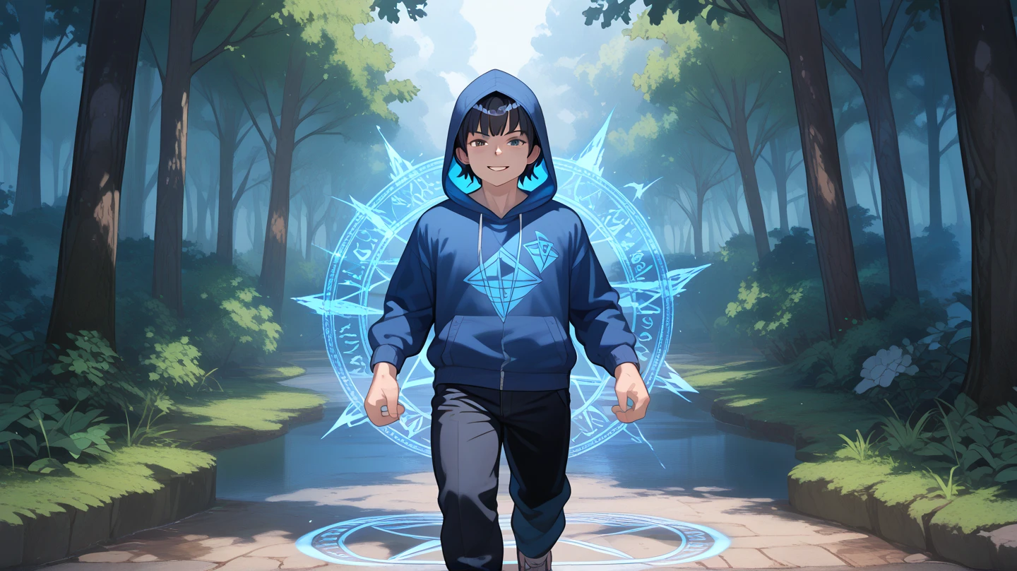 An image of the male character inspired by Sung Jinwoo from the anime serires "Solo Levelling", standing in a summoning pose with a glowing magic circle and shadowy spirit monster materializing behind him. The male character has black hair, is 18 years old, wearing a blur hoodie and black pants. the background scenery is in a thick forest during the night time.