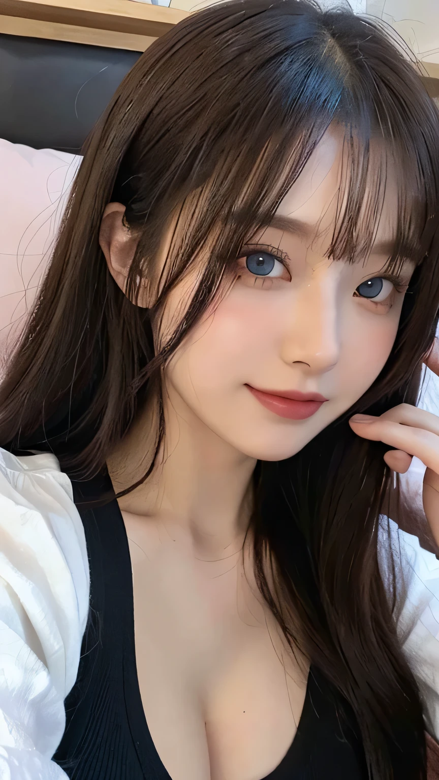 ((realistic lighting, best quality, 8K, master piece:1.3)), sharp focus:1.2, 1 girl, beautiful woman with perfect figure:1.4, slim abs:1.1, ((dark brown hair)), (white crop top:1.4),(exterior,in the middle of the night:1.1),Sit on an indoor bed,Extra-fine face,fine eyes,double eyelid,big cleavage,In pajamas