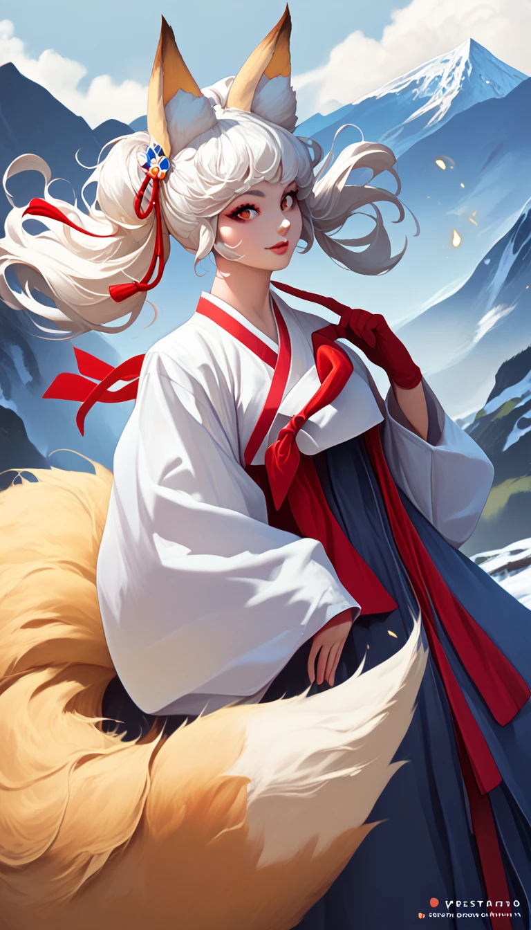 (masterpiece,  best quality :1.2), 1 woman,  alone, Gumiho, 여자 Gumiho,  Korean girl, Fox ears, fox tail, Hanbok,  white hair, In the mountains, ( huge boobs :1.4), magic