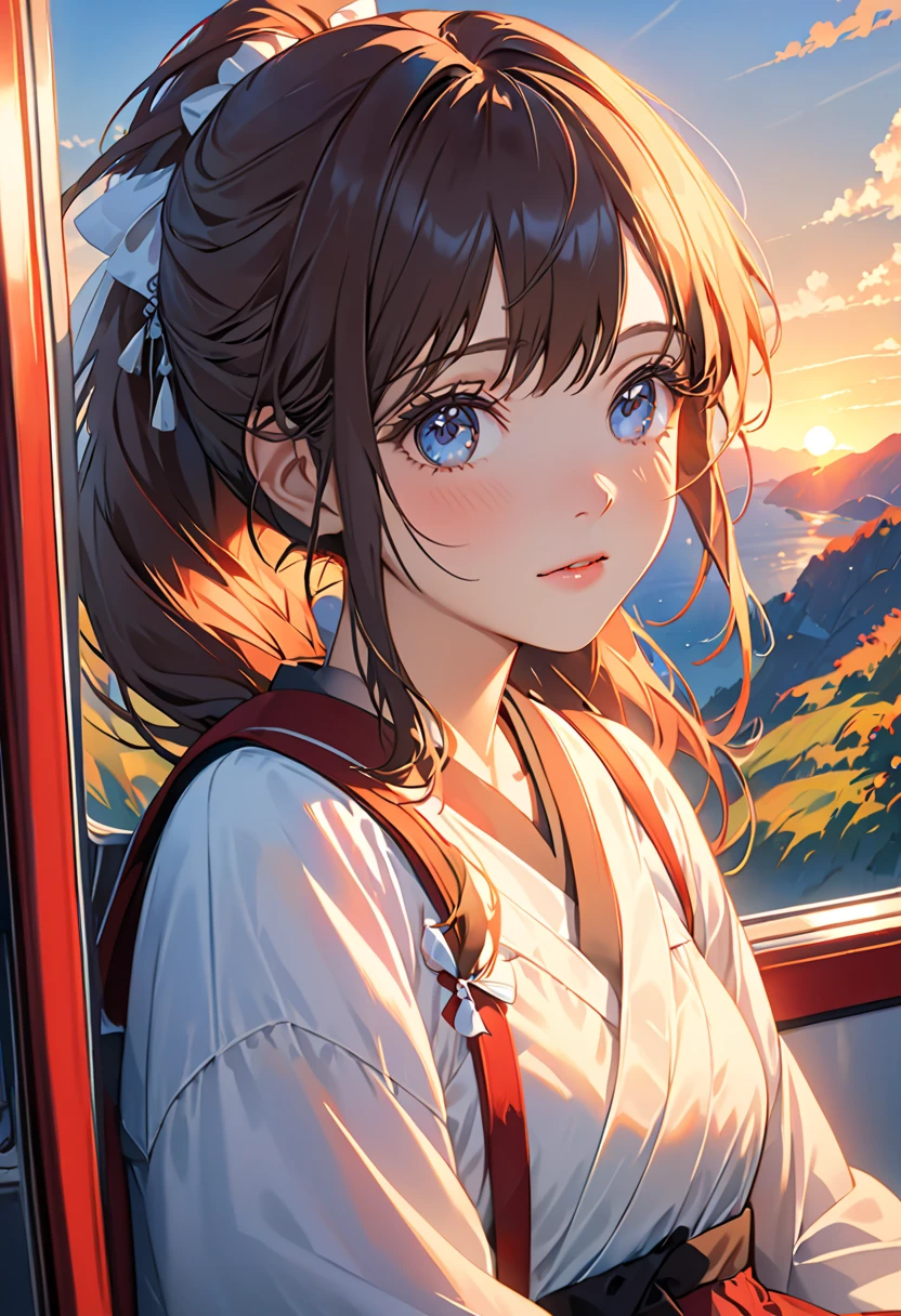 Anime girl sitting on a train and looking out the window,   beautiful anime portrait , Portrait of Rofi at a window,  beautiful anime girl , Portrait of Rofi,  Lofi Girl ,  Portrait of an Anime Girl , guweiz style art,   high quality portrait , As the sun sets,  charming anime girl ,  Cute Anime Girls, Realistic cute girl painting,  anime style . 8k