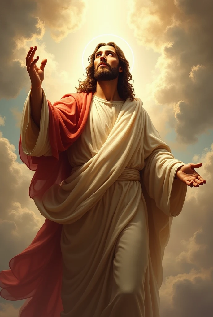 Jesus floating in the air on top of clouds with a light shining brightly on his face --auto --s2