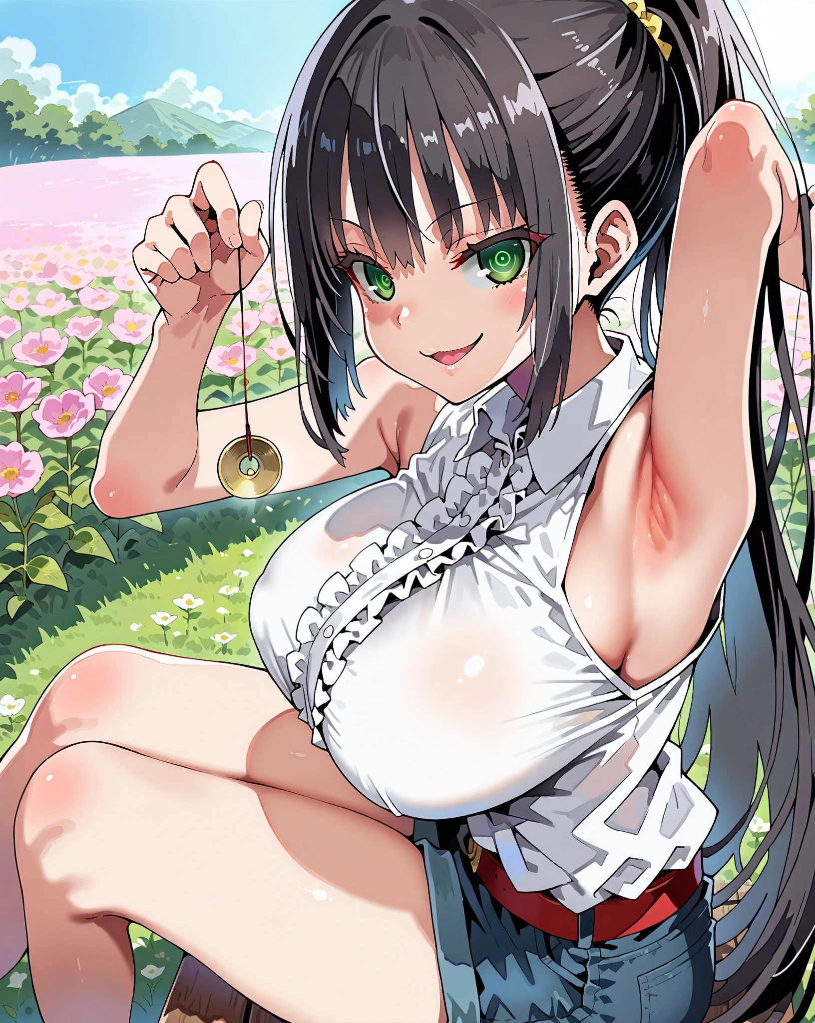 score_9, score_8_up, score_7_up, 1girl,solo, style asanagi, seduce,seductive, beautiful smile, smirk, breasts, large breasts, in flower field, she is holding a pendulum in one hand \(hypnotist holding a pendulum\), ((holding pendulum)), holding string, perfect hands, one hand up, side view, turning side, armpit focus, open mouth, smirk, looking at viewer, sitting on grass, masterpiece, high quality, absurd resolution, beautiful hands, ringed eyes, sleeveless, denim shorts, kzseraphim, black hair, green eyes, ponytail, 