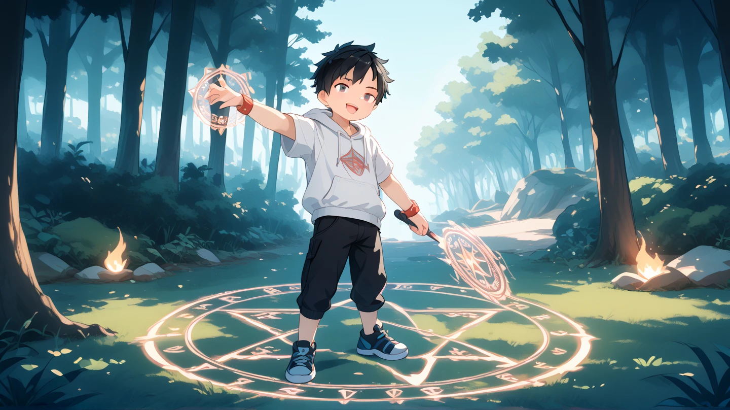 An image of the male character inspired by Sung Jinwoo from the anime serires "Solo Levelling", standing in a summoning pose with a glowing magic circle and shadowy spirit monster materializing behind him. The male character has black hair, is 18 years old, wearing a blur hoodie and black pants. the background scenery is in a thick forest during the night time.