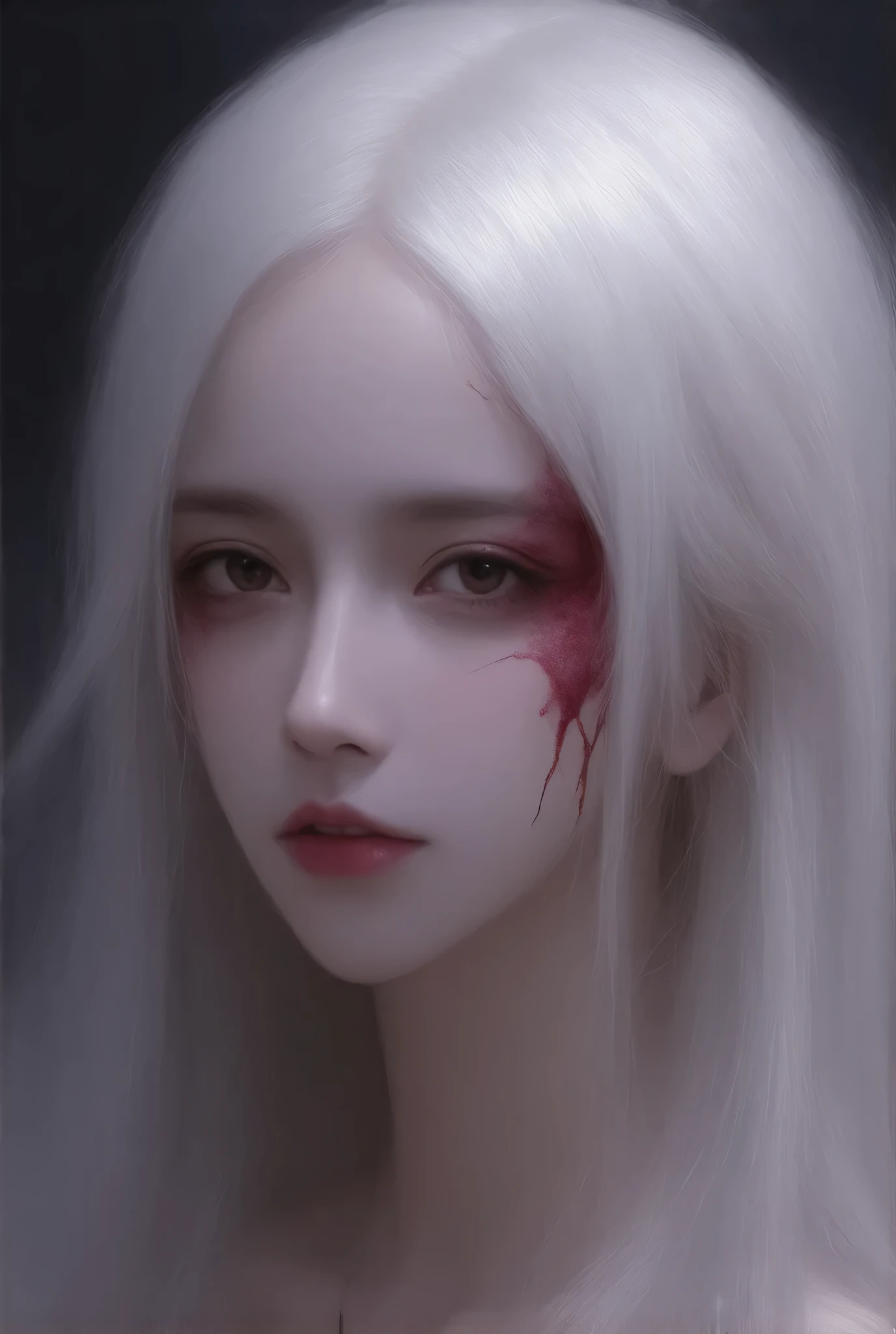 Create a highly detailed portrait of a female fantasy character with striking features. The character has long, white, flowing hair that falls over their face, contrasting with their pale, almost ethereal skin. Their eyes are deep and expressive, with captivating black irises. There are intricate crimson patterns that resemble cracks or veins around the eyes and on the cheeks. 

Incorporate elements that are both beautiful and dark fantasy: add subtle details like delicate scales along the temples and cheekbones, suggesting mythical or supernatural lineage. The character's facial expression should convey a combination of vulnerability and strength. 

Use a dark, atmospheric background to enhance the character's mysterious aura, perhaps incorporating elements like shaded textures or soft, muted colors to draw the viewer's attention to the character.