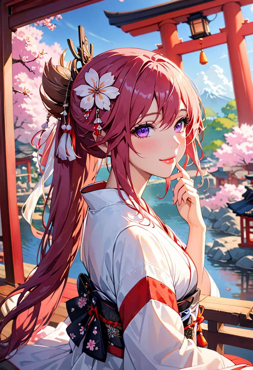  from the side 1 girl , (ulzzang-6500:0.7),  kpop idol,  Yae Miko,  bikini, Sleeveless, Bare shoulders,  pink hair,  long hair,  bikini,  top quality, (Painting:1.5), ( hair ornament:1.35),   jewelry,  purple eyes,  earrings, chest, torii,  cherry blossom,  lantern light ,  depth of field,  detailed face ,  focus on face , ribbon_ trim , ( is looking:1.25), A non-traditional shrine maiden ,  Shiny Skin,   long sleeve  , smile,  Thick lips,  game cg,  puts her hand on her lips,  East Asian Architecture , ( blurry background :1.2),  sitting ,  upper body,  bikini