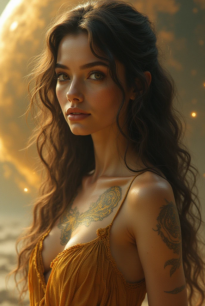 (Masterpiece.uhd.  Oil painting.)Medium full shot. stunning goddess, young woman, age 23. fit body, walking above black storm clouds, detailed face, beautiful eyes, full lips, detailed skin, flowing hair, epic scale, dramatic lighting, fantasy, cinematic, vibrancy, photorealistic, hyper detailed, 8k, masterpiece, award-winning art