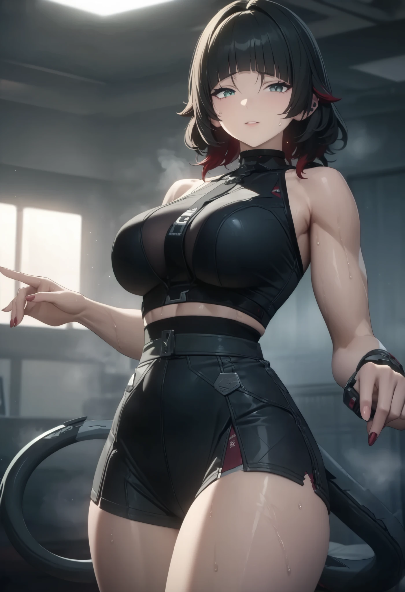 masterpiece,best quality,high resolution,8k,ultra HD,wallpaper,illustration,perfect face,cowboy shot,beautiful detailed eyes,extremely detailed face,perfect lighting,extremely detailed CG,perfect anatomy,perfect body,perfect hands,perfect fingers,1woman,full body,,muscle fighter body,(black kurage motif with long half red under hair:1.2),light green eyes,large breasts,Medium ass,,(black tube top),black short hot pants,clothed,,collarbone,,looking at viewer,(),Steam,sweat, on the bed,(Zenless Zone Zero character Jane Doe ),adult,(black cyber Rattail from coccyx:1.1)