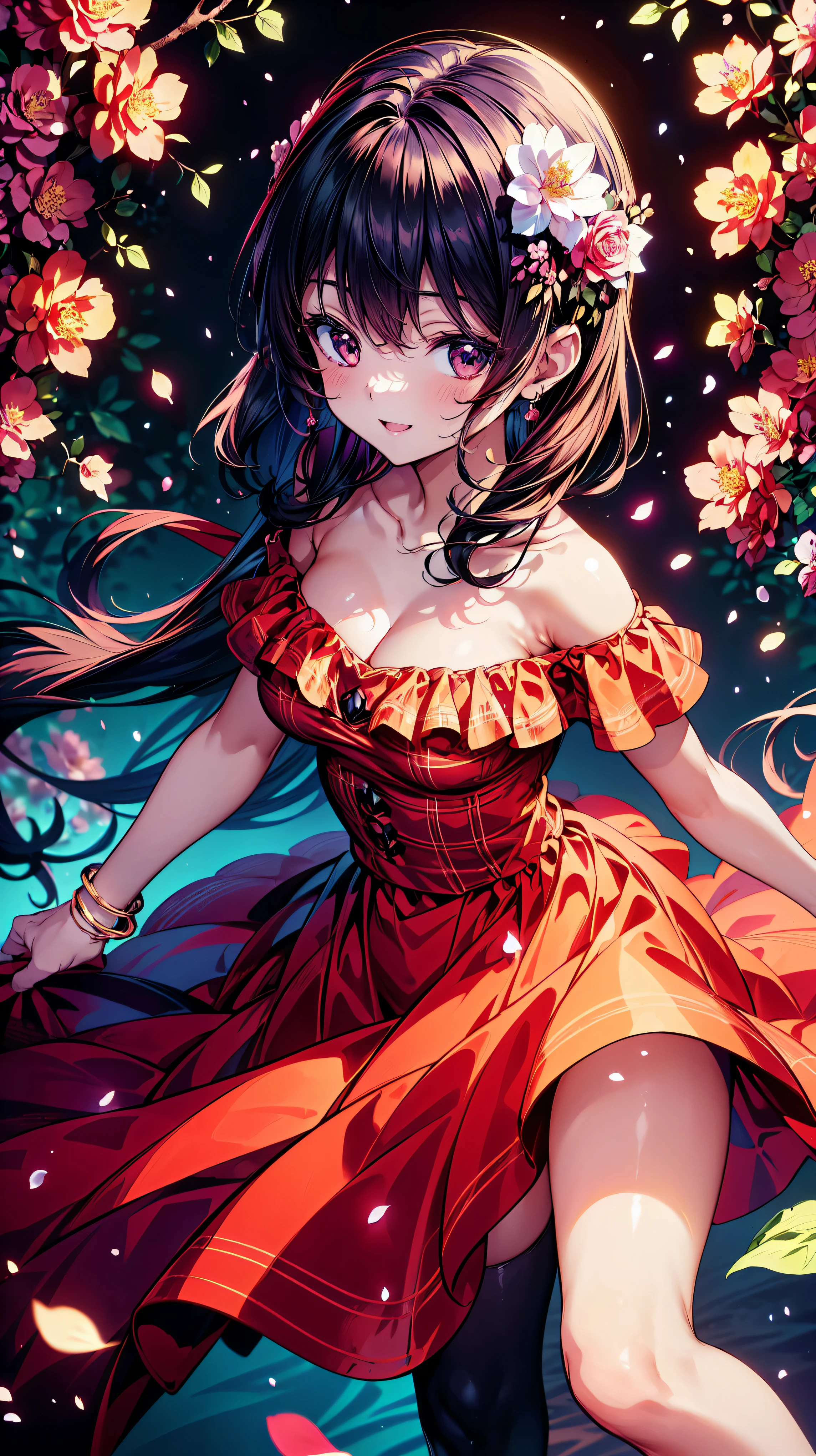 Lady, Curly Hair, Floral Crinoline Hoop Skirt, Plaid off-the-shoulder dress, big breasts, hyper detailed beautiful eyes, Fluffy, ((smile)), downblouse, loose t-shirt, leaning forward, ((Particles of light)), light, shallow depth of field, (Flowing Petals, lighting flowers), caustics, (((Lots of fantastic light flowers))), (anime moe art style:1.3), ((Superbly detailed drawing, ultra detailed, exquisite quality, absolutely resolution)),