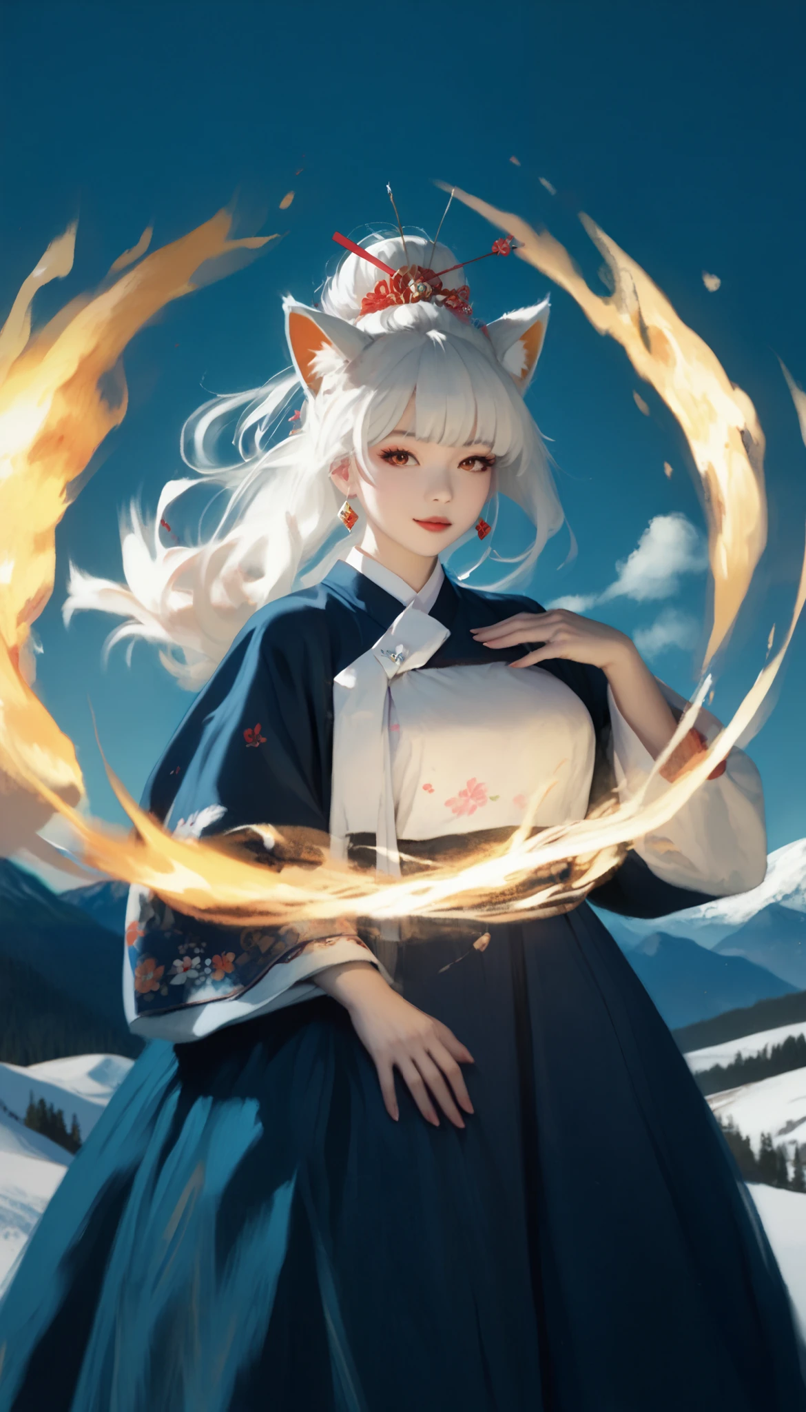 (masterpiece,  best quality :1.2), 1 woman,  alone, Gumiho, 여자 Gumiho,  Korean girl, Fox ears, fox tail, Hanbok,  white hair, In the mountains, ( huge boobs :1.4), magic