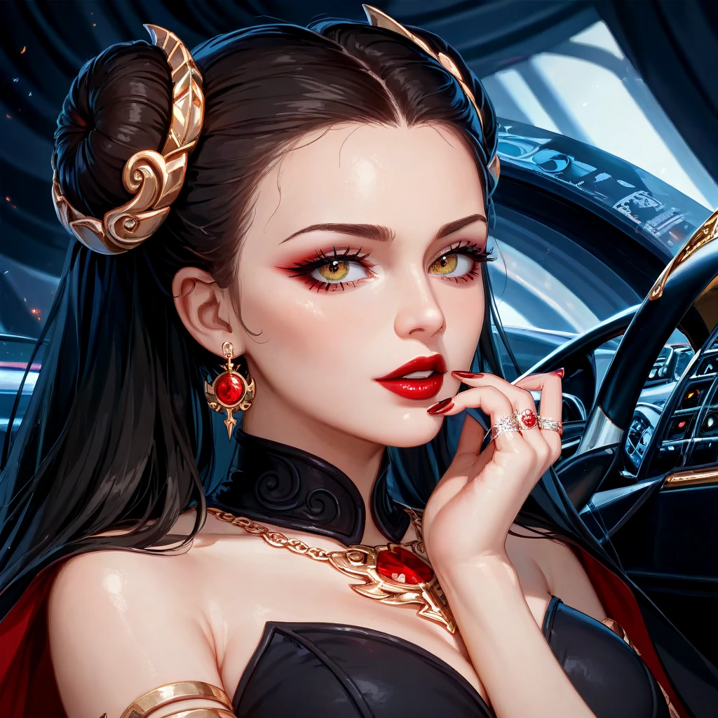 (( top quality)), ((masterpiece)), ( Details), （ Perfect Face）、Princess Leia, the young and beautiful Princess of Evil, wears a gorgeous hair ornament suitable for the Empress of the Galactic Empire, is dressed with luxurious jewelry accessories, wears a luxurious black dress in a jet black dress from the Dark Lord of the Sith, and wears accessories gorgeously and brilliantly, becoming the Dark Empress, the wife of the Evil Lord Dark Lord, and wears an engagement ring