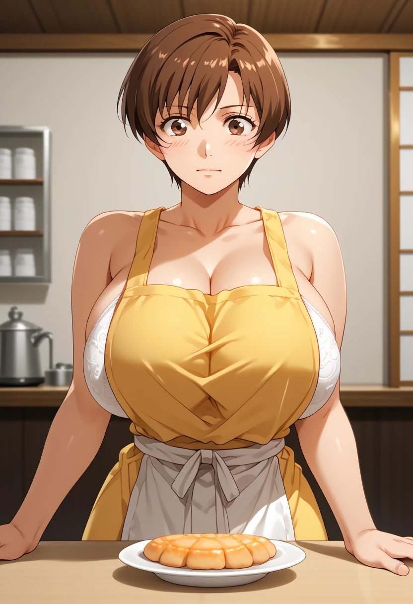 etsukoto, huge breasts,short hair,brown hair,brown eyes,
yellow dress, sleeveless dress, apron, white socks, mary janes　 huge breasts　stripgame
mahjong　Mahjong tournament　 sits at the mahjong table　Spectacle　Middle-aged fat man 　White Bra　ひやかし　　nsfw　 Punishment Game　Strip Mahjong　sit