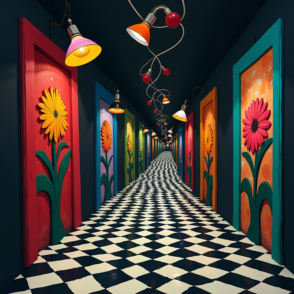 A surrealistic 2D artwork in high dynamic range (HDR) depicting an endless, twisted black-and-white checkered corridor that stretches infinitely into the distance. The corridor's walls are lined with numerous doors, each adorned with vibrant, colorful flower paintings. The lighting is unconventional, with twisted and distorted lamps—some hanging upside down—casting an otherworldly glow across the scene. The overall atmosphere is dreamlike and disorienting, blending surreal beauty with a sense of mystery.