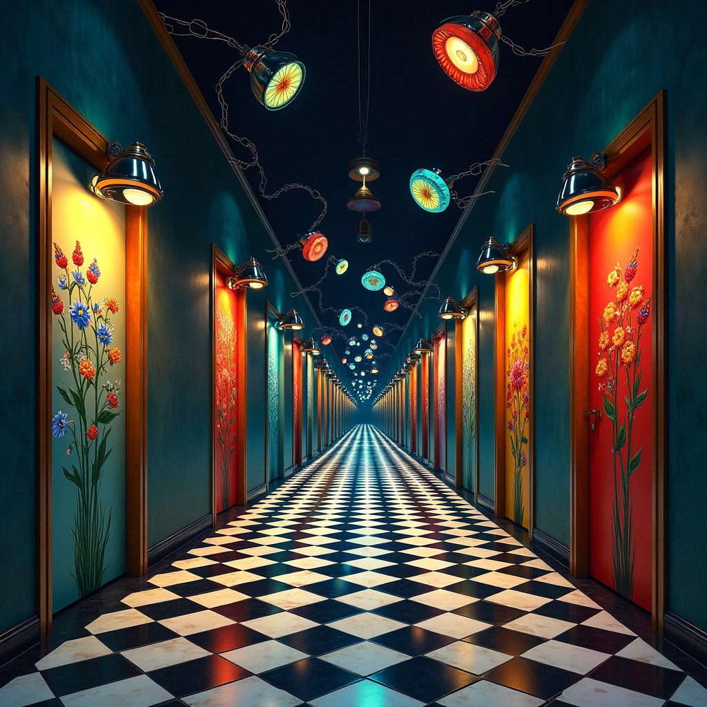 A surrealistic 2D artwork in high dynamic range (HDR) depicting an endless, twisted black-and-white checkered corridor that stretches infinitely into the distance. The corridor's walls are lined with numerous doors, each adorned with vibrant, colorful flower paintings. The lighting is unconventional, with twisted and distorted lamps—some hanging upside down—casting an otherworldly glow across the scene. The overall atmosphere is dreamlike and disorienting, blending surreal beauty with a sense of mystery.