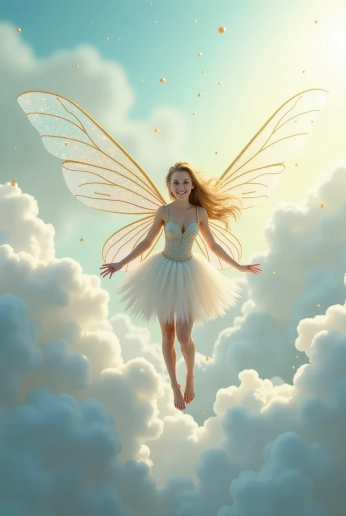 Animated image of a girl with wings, the full moon and a big tree with beautiful leaves as if they were gold