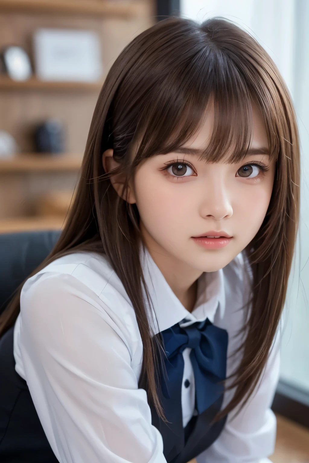 1girl, (a beauty girl, delicate girl, beautiful girl, innocent girl:1.3), (:1.3),
break, (Office lady uniform:1.2), (cowboy shot, sit down),
break, (Office background:1.3),
break, very fine eyes, (symmetrical eyes:1.3),
break, (flat breasts:0.5), (round face, baby face), (brown eyes), parted bangs, (brown hair),
break, (eyes and faces with detailed:1.0), face focus,
break, (masterpiece, best quality, ultra detailed, detailed face, 8k)