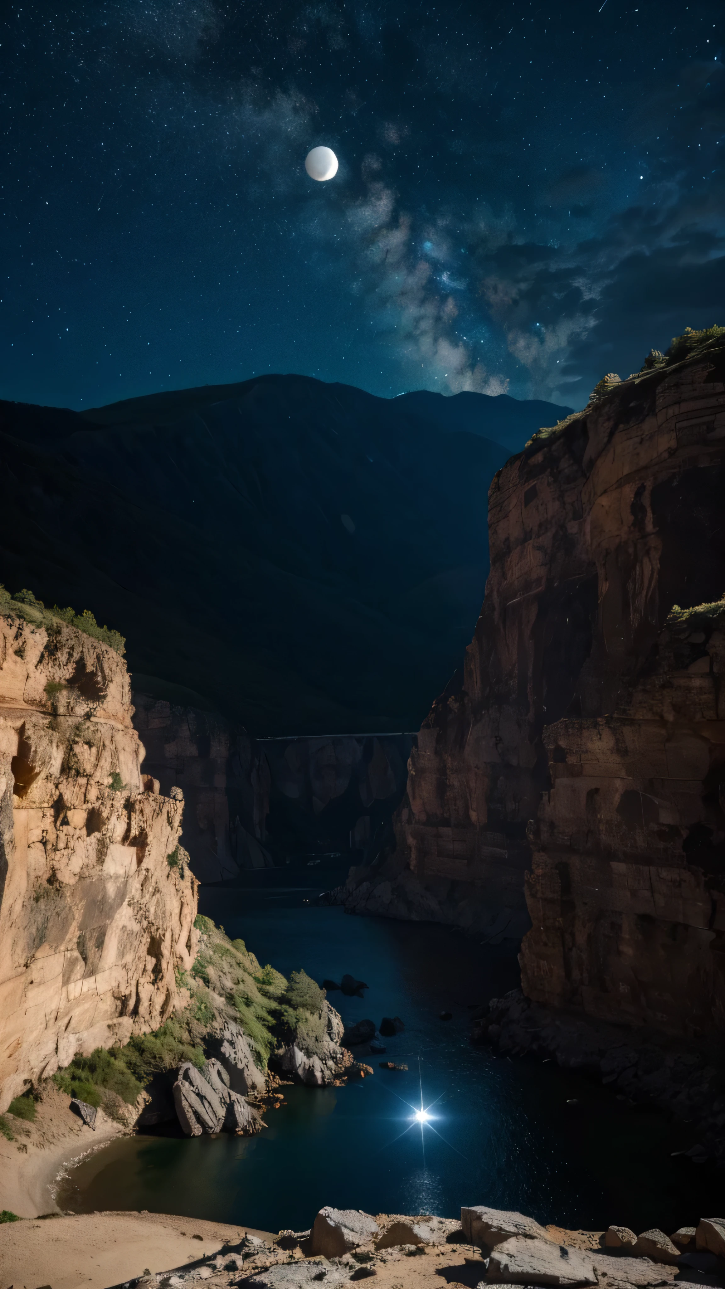    highdefinition images ，   Colorful Planets Shining Creative Spray Paint,   Dystopian Thriller , ((Masterpiece))  Dramatic Half Moon Night   ,   Dramatic Valley Shadows Under the Mountain   , Clear Night  、 Big Sky and Earth with Flowing Comets 。 