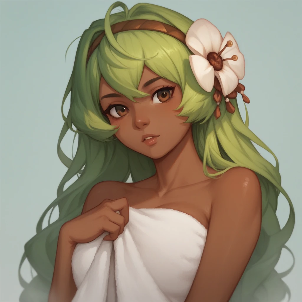 Score_9, score_8_up, amalia, 1girl, hairband, solo, hair flower, green hair, dark skin, dark-skinned female, long hair, brown eyes, wrapped in towel