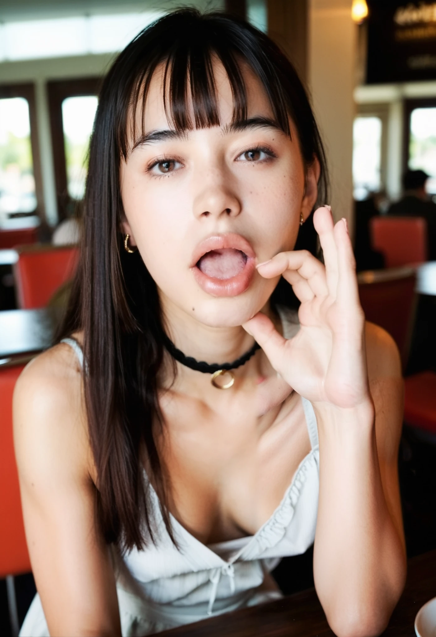 score_9,score_8_up,score_7_up,source_real, rating_safe,high resolution photograph,8k,realistic,photo-realistic, masterpiece,amazing quality, best quality, intricate details,sharp focus, solo, 1girl, sundress, tiny breasts, downblouse, straight long black hair with blunt bangs, detailed face, choker, earrings, jewelry, (open mouth), (fellatio gesture, ok-sign with one hand, face focus, close-up), sitting at the table in the restaurant, (perfect anatomy, perfect hand), indoors,