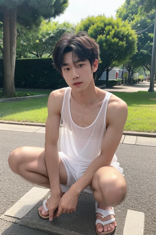 One Boy、Beautiful boy、Handsome、18-year-old、Japan boys、Black Hair、Night Park、Upper body naked、No bulge in crotch、Take off your clothes、Show bare skin、Spread your legs,White underwear、barefoot
