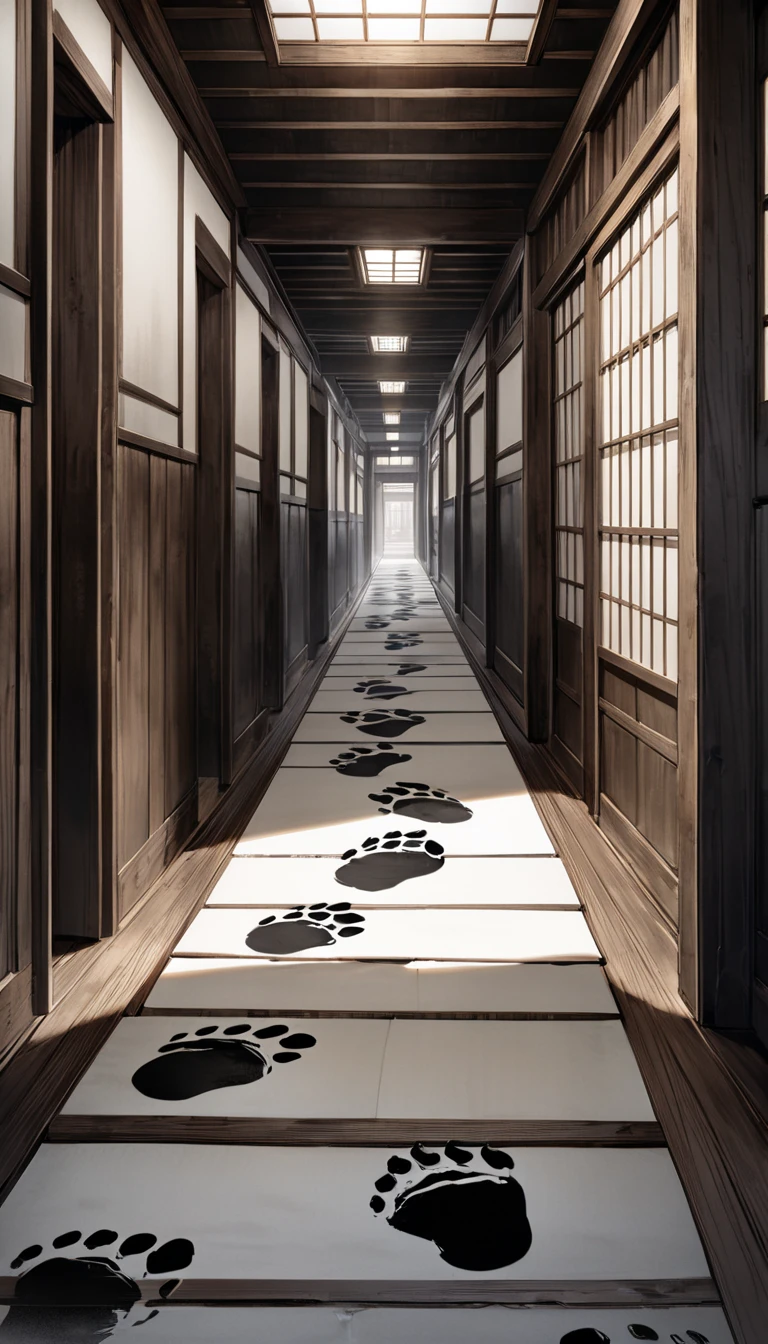 Very realistic footprints left in the hallway, Footprints continue to the back, leaving traces of being dragged, The trajectory of footprints continues deep into a hallway where no future can be seen, Highlight the trajectory of footprints, A traditional Japanese wooden hallway stretches into infinity with shimmering footsteps leading the way, The footsteps appearing as if they are formed from pure hatred are colored vividly amidst the monochrome scene, Shadows trail as streaks straight into the distance, The scene is depicted in the style of a sumi-e painting emphasizing the eerie atmosphere, The hallway is ancient with wooden textures capturing the feel of old Japan, 16k, UHD, masterpiece, accurate, super detail, high details, award winning, best quality, highres