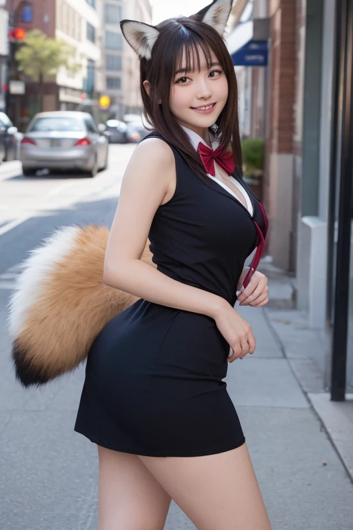 ((Highest quality, 8k)), ((masterpiece)), (Highest Resolution), Perfect Face, Raccoon-eared woman, Female college student, Beautiful woman, public, One tail, she has thick thighs, Big raccoon tail, She has a brown raccoon tail., She sticks out her tail, Troubled face, Fur collar, She is wearing a short skirt, Beautiful Hips , Big Breasts, The skirt is rolled up with a big tail