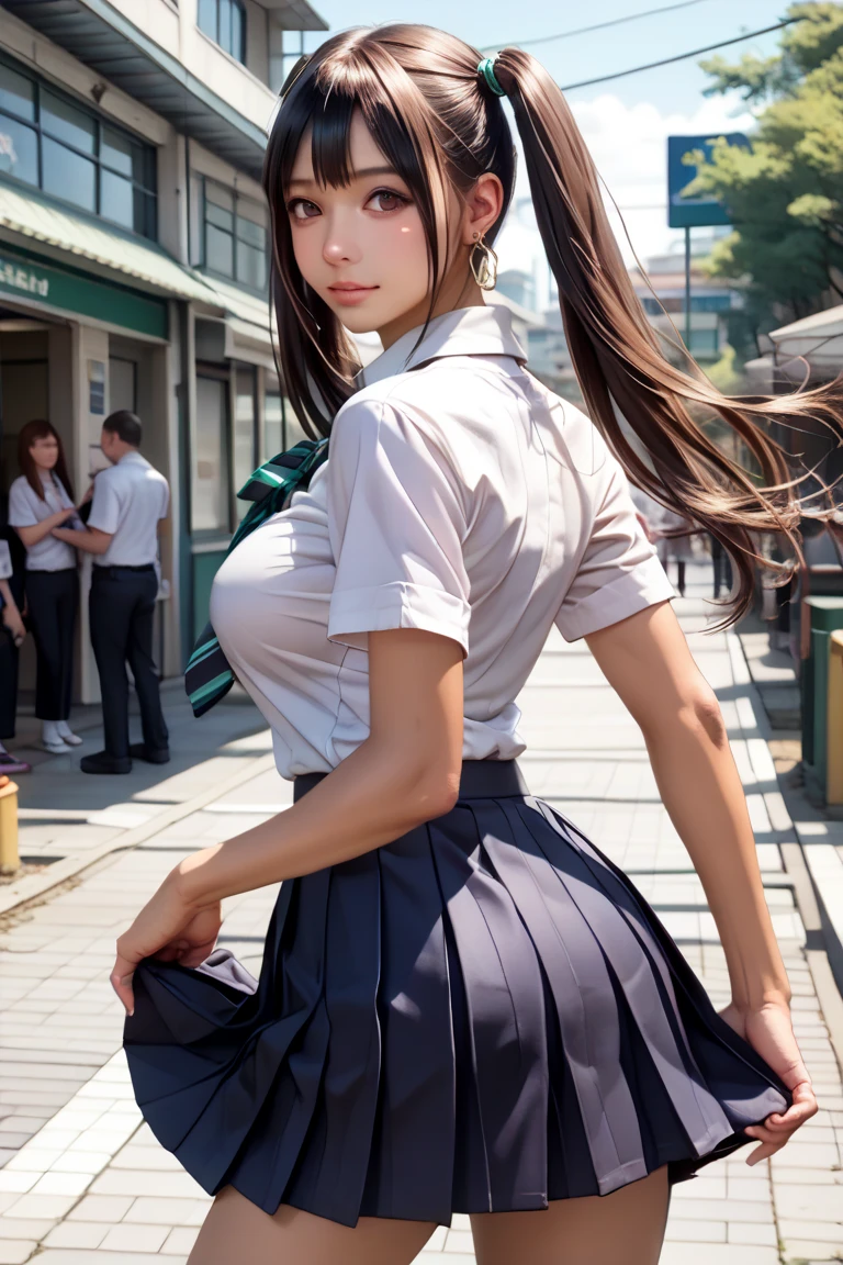 score_9, score_8_up, score_7_up, score_6_up, score_5_up, score_4_up,
1girl,Alone:1.2,(tan Skin:1.3)
beautiful Japanese girl,large breasts,Small waist,complete body,
school uniform, plain white collared-shirt,large breasts,short sleeves, navy pleated skirt, mini skirt, A-line, loose socks,
break,japanese girl,gravure,
good hand,blonde long hair,twintails,gal,necklace,Earrings,(brown eyes),
BREAK,
from back shot,(A girl looks back and smiles), (Her skirt flutters:1.5),pantypeek,(At Shibuya Crossing),JK,