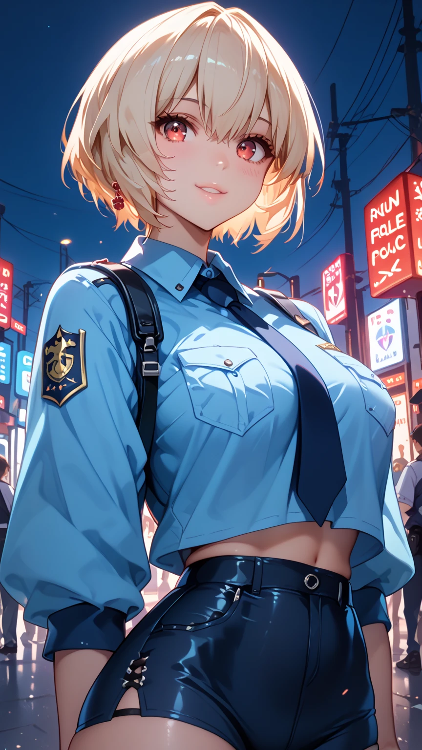 Under the street lights of the city at night、 Sexy anime girls with big breasts , Wear police officer clothes,  Perform sensual backbends ,  Show off flexibility and curves ., Emphasize the graceful lines of the body . model pose、smile、Rei Ayanami