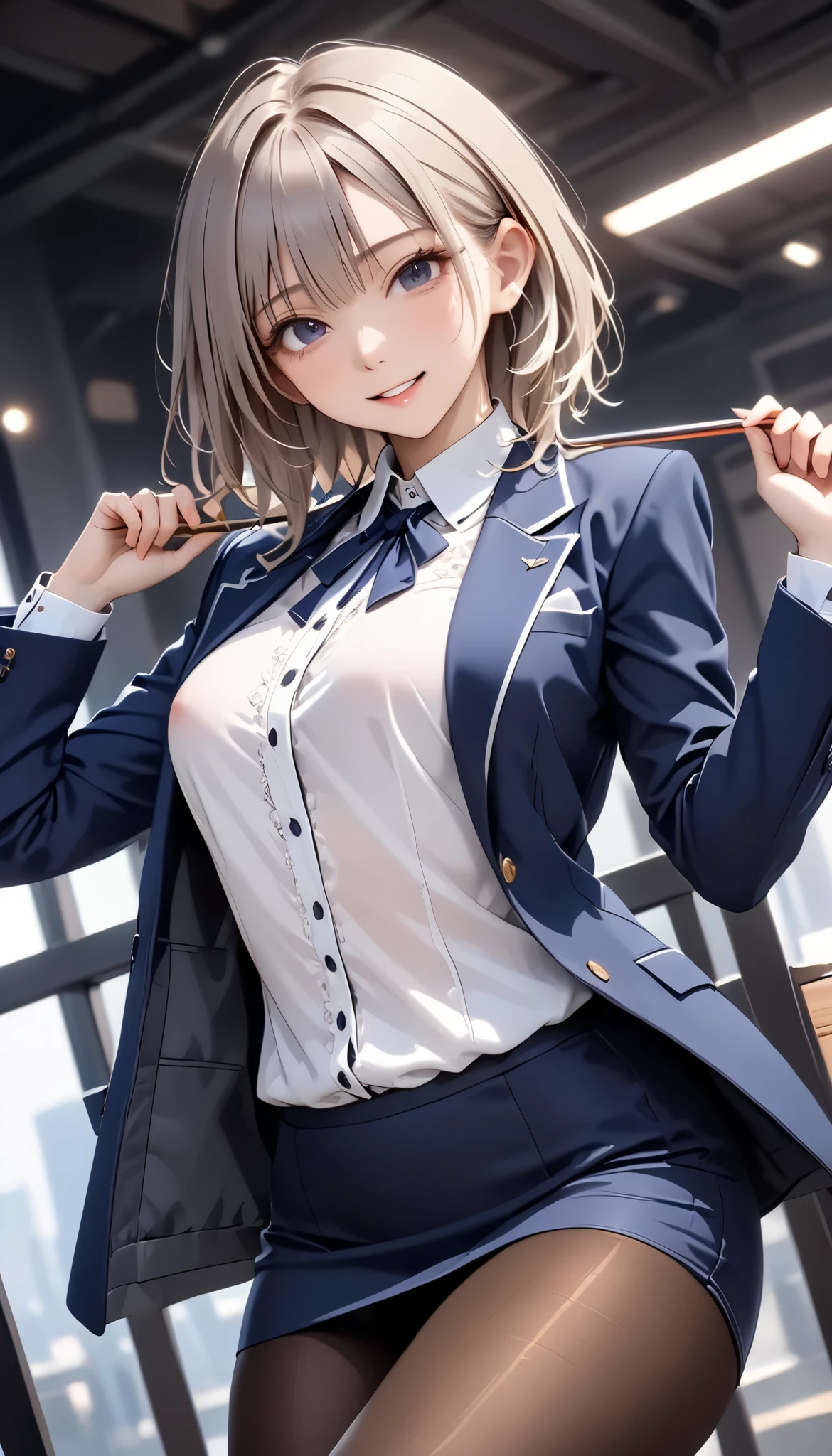 (((Female lawyer,  formal suit skirt ,   pencil skirt,  pantyhose,  white blouse,   Navy Blue Jacket,))), skinny, Alone,  female 1, Masterpiece,  top quality,  top quality, 16k,  unbelievably ridiculous,  very detailed, 2.5D, AI-generated,  delicate and dynamic,  Very Delicate Expression,  with a delicate gaze,  EROTIC, only  sexy woman, (( cute and kind face )), Healthy body shape, (( 25 year old woman)), Height: 160cm,  moderately stiff swaying bust,, , sweat, embarrassing, sexy, (( Thin Thighs)), ( erect nipples :0.9),  shiny,  Standing Picture of Shots Above the Shins , smile, (( oily_skin)), (( Dutch angle )), (( EROTIC pose)),  fashion model pose with clear pussy,   fashion model style DJ, (close-up),