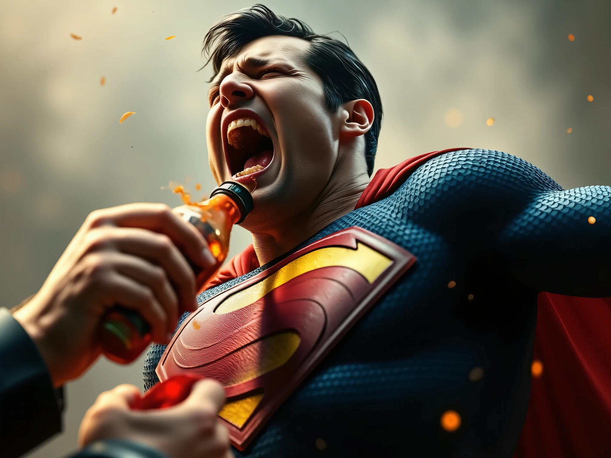 Superman jumps up and writhe in agony after a bottle of pepper sauce is shoved into his mouth. The villain's attack took him by surprise. The Man of Steel, whose sense of taste is no different from that of ordinary people, was not immune to the painful spiciness that capsaicin inflicts. Pepper sauce jar Full body Hyper-realistic Hyper-detailed Volumetric lighting. In a dramatic scene, Superman finds himself in an unexpected predicament. The villain, cunning and ruthless, has managed to catch the Man of Steel off guard. With a swift motion, they force a bottle of fiery pepper sauce into his mouth. Superman's eyes widen in shock, and his expression shifts from surprise to sheer agony as the intense heat of the capsaicin overwhelms him. His superhuman resilience is put to the test, as the burning sensation spreads through his mouth and throat, a stark reminder that even the strongest among us can be vulnerable to unexpected attacks. The hyper-realistic depiction captures every detail: the glistening of the pepper sauce, the beads of sweat forming on Superman's forehead, and the tension in his muscles as he writhes in discomfort. Volumetric lighting enhances the scene, casting dramatic shadows that highlight the struggle of the hero against an unconventional foe. In this moment, Superman's humanity shines through, reminding us that even the mightiest can face challenges that test their limits in ways we might not expect.