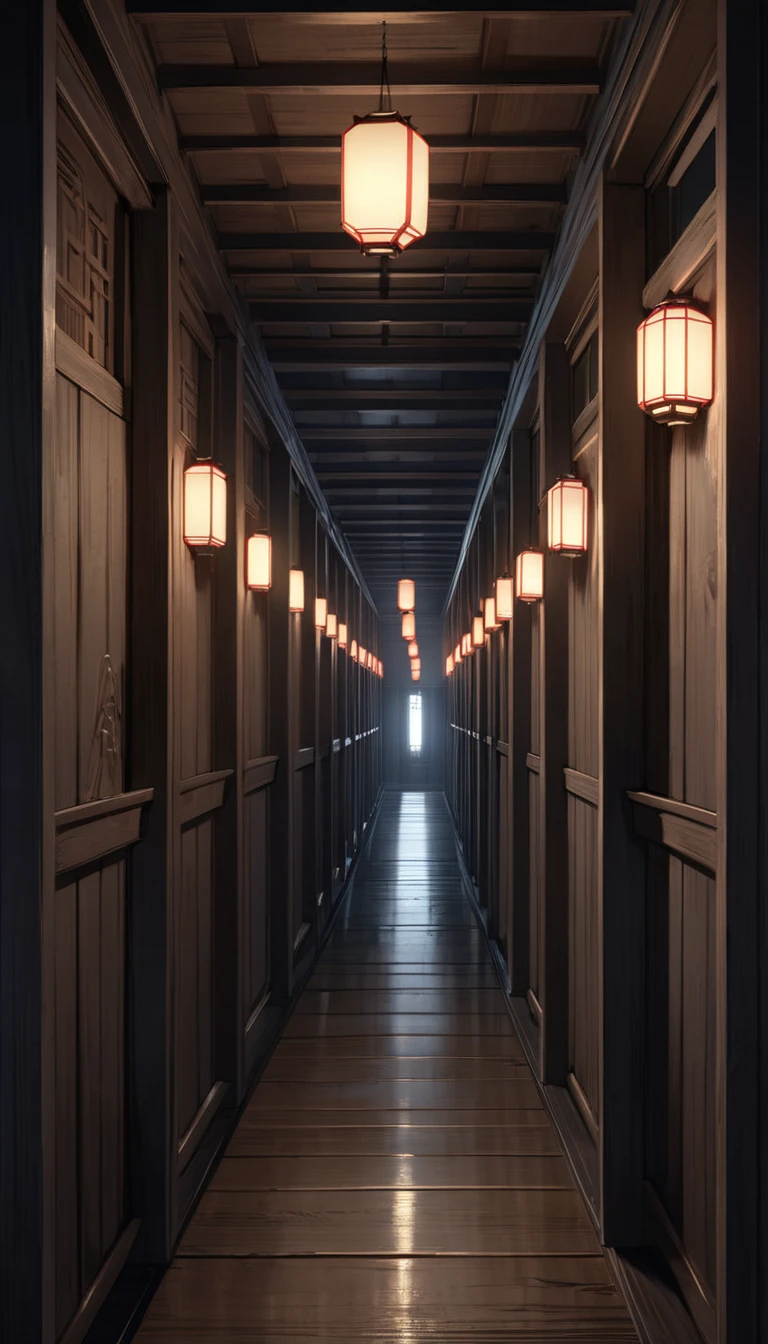 traditional plank hallway, A hallway where you can't see ahead, At the foot of the dim hallway, eerily glowing lanterns line up all the way to the back, Shadow demon walking through the hallway, The traditional Japanese hallway continues all the way to the back and the end is completely dark, 16k, UHD, masterpiece, accurate, super detail, high details, award winning, best quality, highres