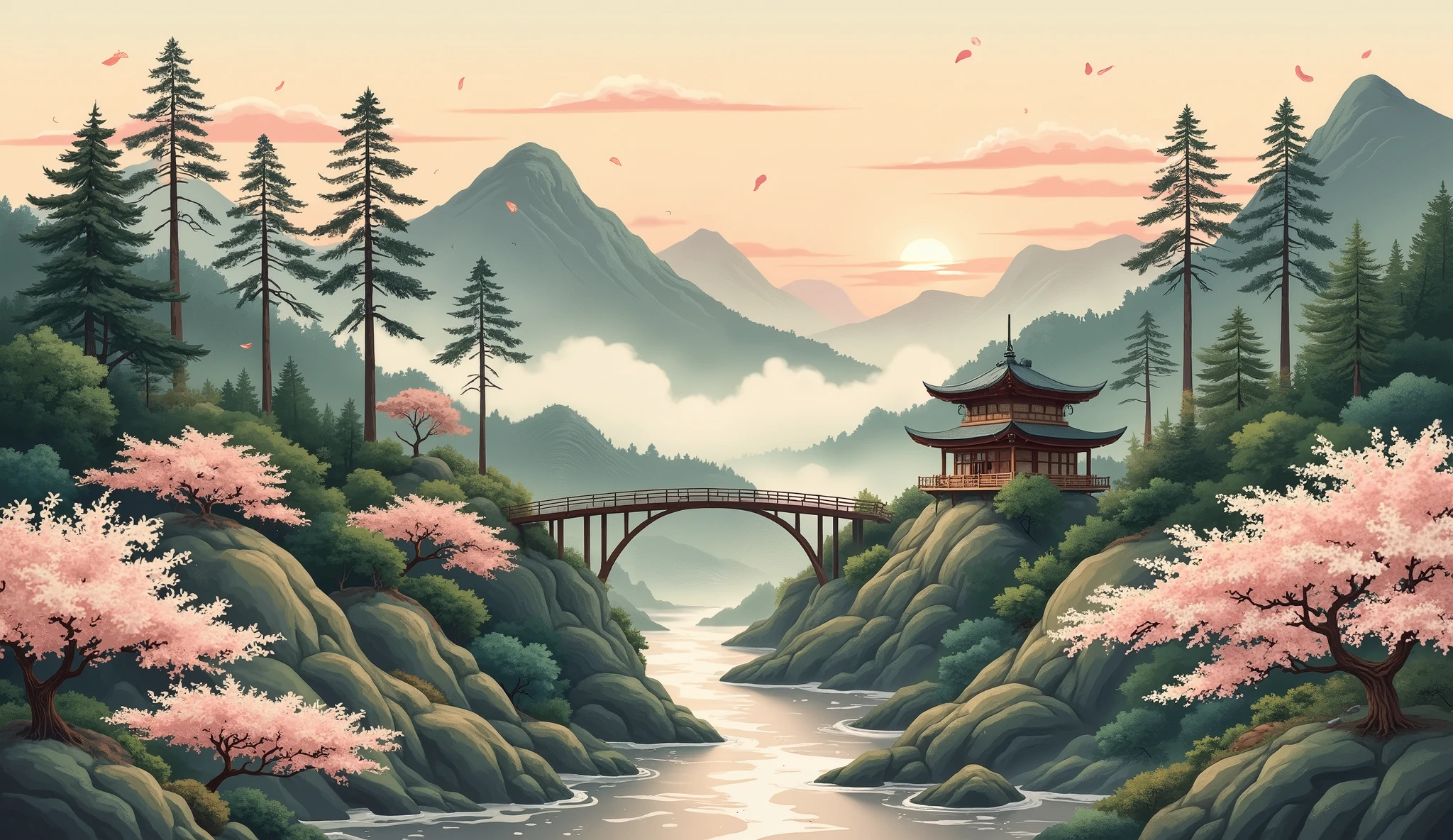 A traditional Japanese artwork inspired by the ukiyo-e style. The scene captures a serene mountain landscape at dusk, with rolling hills and a meandering river framed by tall pine trees. In the foreground, a small wooden tea house rests on a hillside, its thatched roof blending harmoniously with the natural surroundings. A delicate bridge arches over the river, leading to a forest path shrouded in mist. Cherry blossoms scatter gently in the wind, their petals adding a soft contrast to the earthy tones of the setting. The composition is balanced and tranquil, featuring a classic palette of muted greens, browns, and soft pinks.