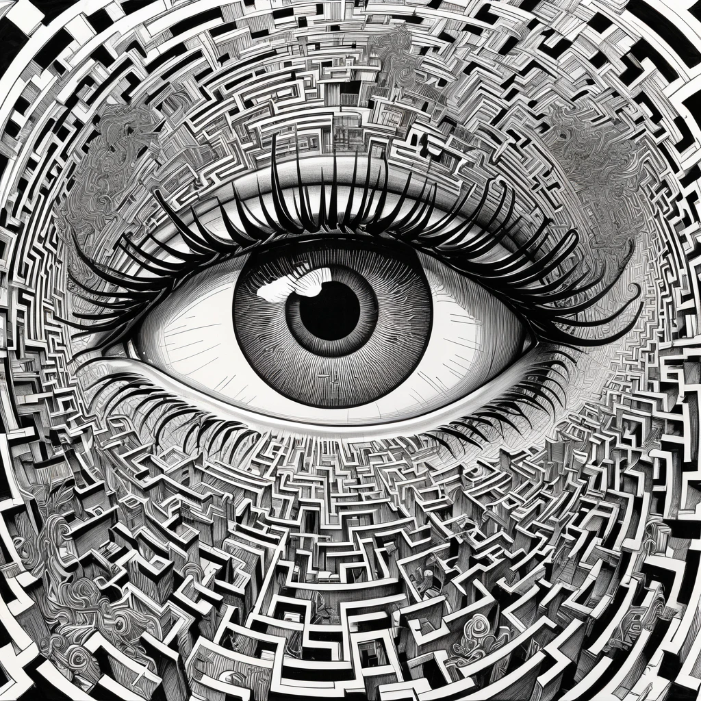 high contrast ,   monochrome  , masterpiece, pen and ink, illustration, A complex maze of 2dimention。 with a single giant human eye in the center。 with half closed eyes 