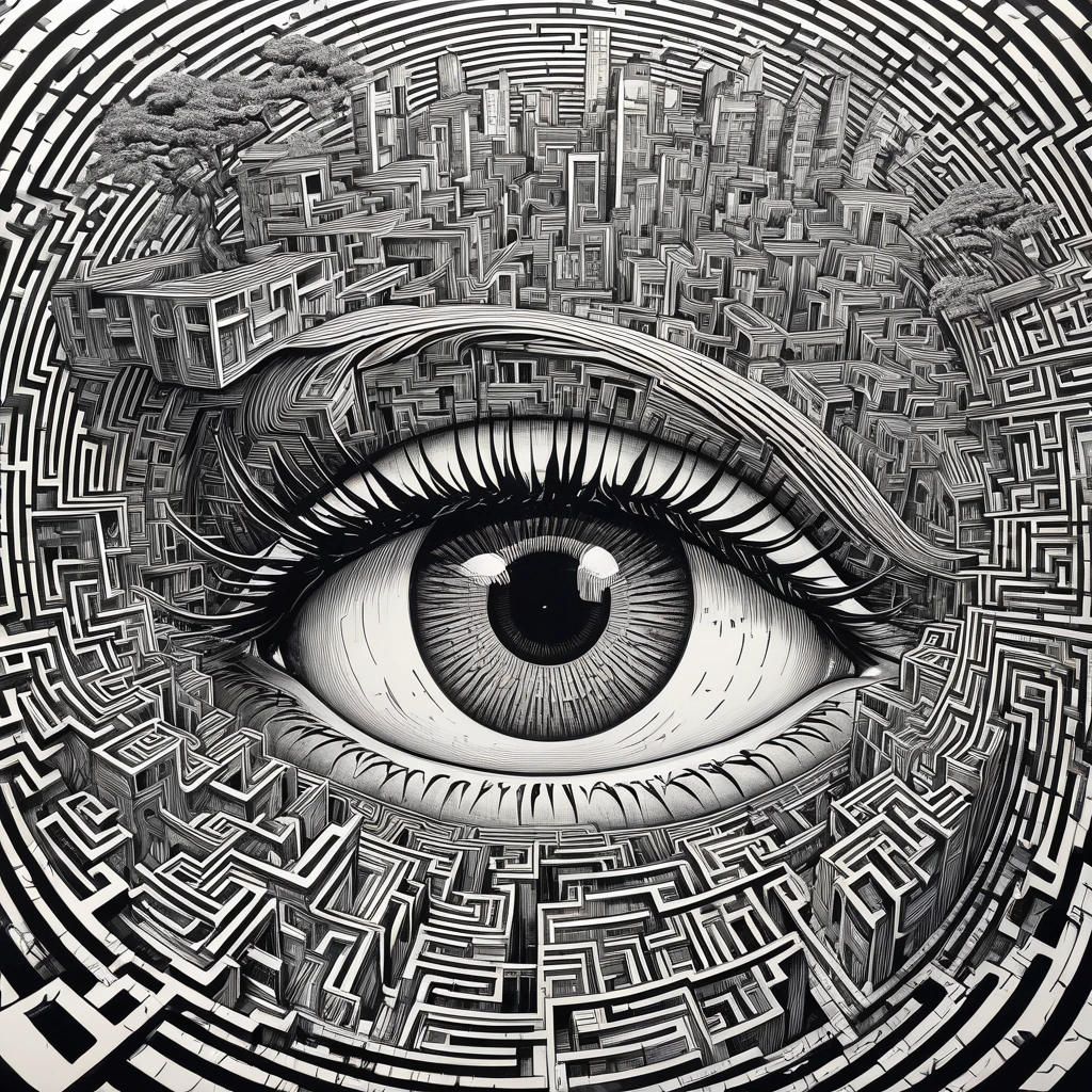 high contrast ,   monochrome  , masterpiece, pen and ink, illustration, A complex maze of 2dimention。 with a single giant human eye in the center。 with half closed eyes 