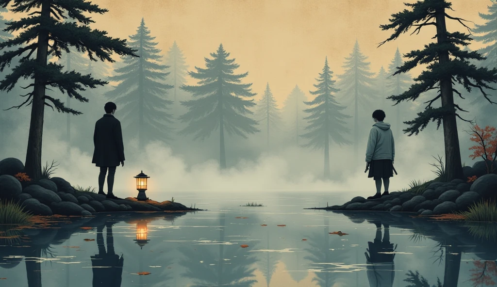 A traditional Japanese-style artwork inspired by ukiyo-e, evoking a sense of introspection and quiet conflict. The scene depicts a serene lakeside under a twilight sky, with two figures standing apart on opposite shores. One figure is gazing into the water, where faint, rippling reflections of the other figure appear, distorted and elusive. Surrounding the lake are tall, shadowy pines and a gentle mist that blurs the edges of the scene, symbolizing fleeting memories. In the foreground, a solitary lantern glows softly, casting light on scattered fallen leaves. The muted color palette features deep blues, soft grays, and warm amber tones, creating an atmosphere of tranquility mixed with subtle tension.