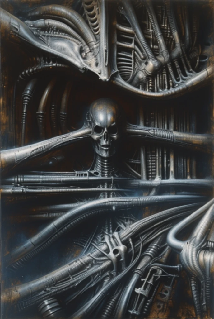 Curse of solomeea. The space in this H.R. Giger-esque image is formed through a complex interplay of several visual techniques, creating a claustrophobic, layered, and ambiguous environment. Space in this image is formed by a combination of overlapping forms, lack of traditional perspective, flowing curves, high detail, ambiguous scale, and subtle lighting. These techniques work together to create a unique and unsettling spatial experience that is characteristic of Giger's work: a claustrophobic, organic, and biomechanical environment that feels both alien and strangely familiar.
 The most dominant feature is the dense overlapping and interweaving of organic and mechanical forms. Figures, pipes, tubes, and other structures merge seamlessly, making it difficult to distinguish where one ends and another begins. This creates a sense of depth and layers, but also contributes to the claustrophobic feeling as there's little empty space.
 There's no clear horizon line or defined vanishing point to establish traditional perspective. This further adds to the sense of disorientation and makes it difficult to gauge the scale and distance of the elements within the image. The space feels compressed and undefined.
Giger frequently uses smooth, organic curves and contours that flow into each other. These curves create a sense of movement and dynamism, but also further blur the boundaries between objects and spaces. The eye is led through the image along these curves, but there's no clear destination or resting point.
 The high level of detail and intricate textures across the entire image contributes to the sense of density and complexity. There are few areas of smooth, flat color or empty space. This creates a visually rich environment, but also makes it difficult for the eye to find a focal point or establish a sense of spatial hierarchy.
 The scale and proportion of the elements are often ambiguous. 