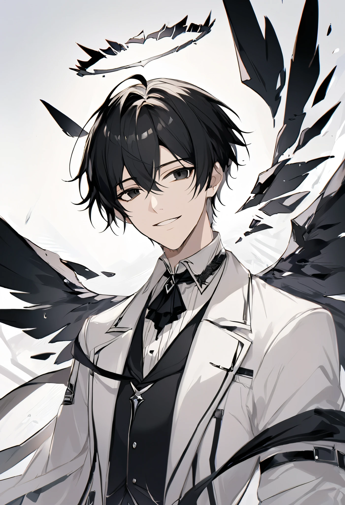solo, handsome, 1 male, white coat, black cravat, white shirt, short hair, black hair, black eyes, fantasy, broken wings, black halo, arknights, smile facial
