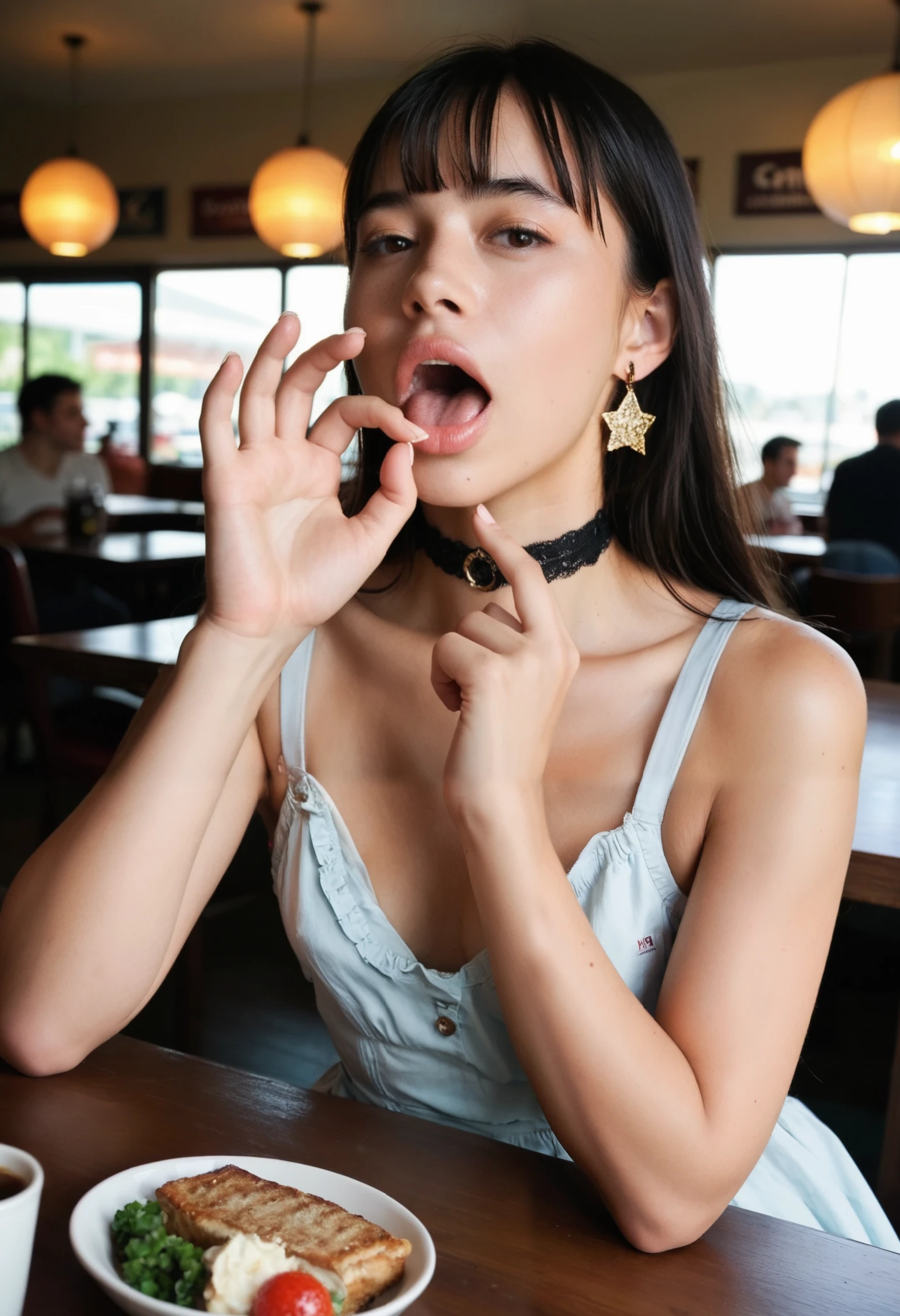 score_9,score_8_up,score_7_up,source_real, rating_safe,high resolution photograph,8k,realistic,photo-realistic, masterpiece,amazing quality, best quality, intricate details,sharp focus, solo, 1girl, sundress, tiny breasts, downblouse, straight long black hair with blunt bangs, detailed face, choker, earrings, jewelry, (open mouth), (fellatio gesture, ok-sign with one hand, face focus, close-up), sitting at the table in the restaurant, (perfect anatomy, perfect hand), indoors,