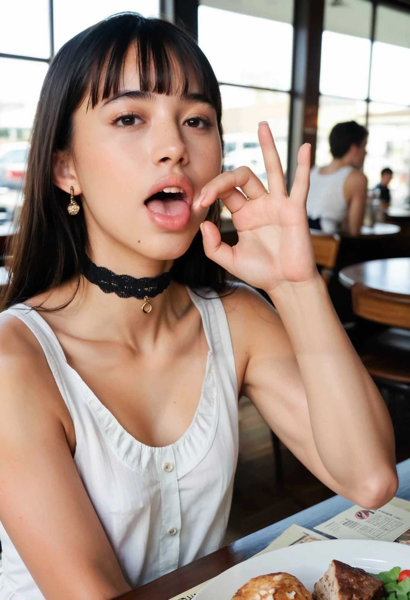 score_9,score_8_up,score_7_up,source_real, rating_safe,high resolution photograph,8k,realistic,photo-realistic, masterpiece,amazing quality, best quality, intricate details,sharp focus, solo, 1girl, sundress, tiny breasts, downblouse, straight long black hair with blunt bangs, detailed face, choker, earrings, jewelry, (open mouth), (fellatio gesture, ok-sign with one hand, face focus, close-up), sitting at the table in the restaurant, (perfect anatomy, perfect hand), indoors,